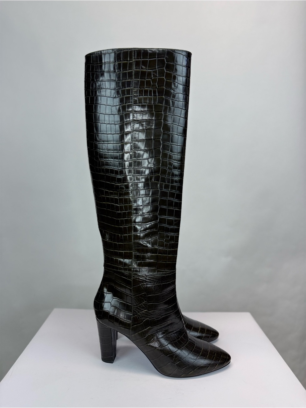 New Longchamp Croc Embossed Leather Knee High Boot Khaki Sz 10